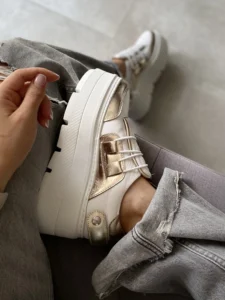 Skórzane adidasy platforma LULA 03 biało-złote ze skóry naturalnej na wysokiej podeszwie