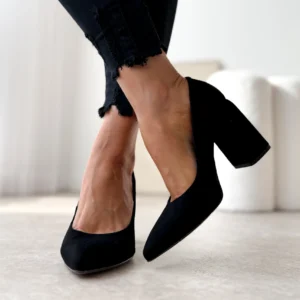 LULA 41 zamszowe czółenka na słupku czarna skóra naturalna