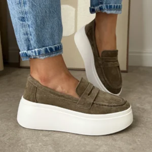 LULA 54 skórzane mokasyny na platformie slip'ony khaki