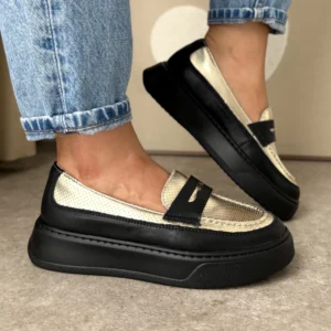 LULA 56 skórzane czarno złote mokasyny