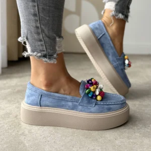 LULA 63 niebieskie skórzane mokasyny na platformie