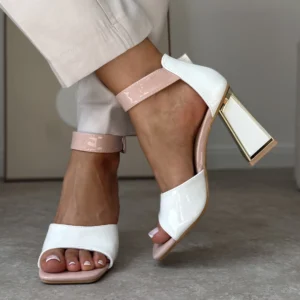 LULA 78 biało różowe sandałki na ozdobnym obcasie