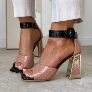 LULA 78 czarno różowe sandałki na ozdobnym obcasie