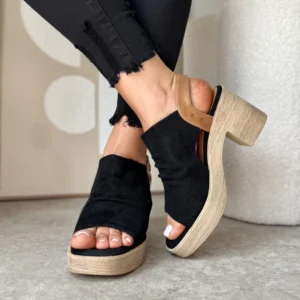 Czarne sandały na słupku Lula 90 z eko skóry, bardzo lekka podeszwa, miękka wkładka, obcas 8 cm, platforma 3 cm