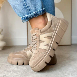 Sneakersy damskie beżowe Lula 91 na jasnej platformie, zamszowa cholewka i skórzana wkładka