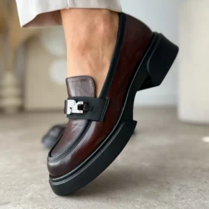 brązowe mokasyny skórzane LULA 104 na platformie, skóra i skórzaną wkładką.