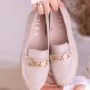 Mokasyny beżowe skórzane LULA 45 – eleganckie damskie buty premium ze skóry naturalnej licowej, ozdobione złotą klamrą, polska produkcja.