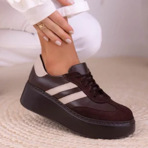 Sneakersy skórzane damskie LULA 111 w kolorze czekoladowym z beżowymi wstawkami, na wyższej czarnej podeszwie
