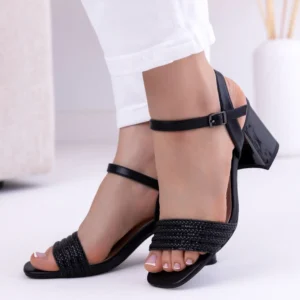 sandały damskie, czarne sandały na obcasie, sandały słupek, eleganckie sandały, sandały z cyrkoniami, buty damskie lato, sandały Lula, sandały na wesele, sandały z paskiem, sandały skórzana wkładka