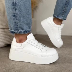 Białe skórzane sneakersy damskie LULA 165 na platformie, ręcznie szyte w polskiej manufakturze