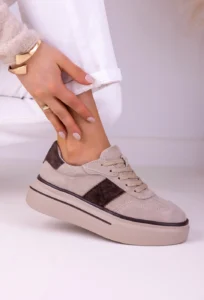 Sneakersy damskie LULA 169 fango z naturalnej skóry zamszowej z brązowymi wstawkami na platformie 4 cm