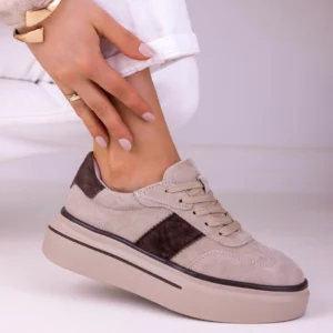 Sneakersy damskie LULA 169 fango z naturalnej skóry zamszowej z brązowymi wstawkami na platformie 4 cm