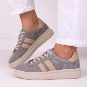 Skórzane sneakersy damskie LULA 167 z naturalnego zamszu w kolorze khaki na jasnej platformie