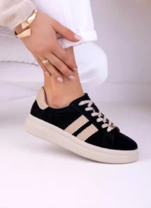 Czarne skórzane sneakersy damskie LULA 167 z naturalnej skóry zamszowej na jasnej platformie