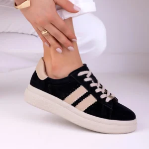 Czarne skórzane sneakersy damskie LULA 167 z naturalnej skóry zamszowej na jasnej platformie