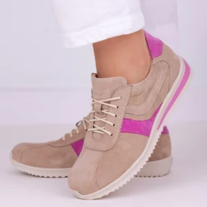 Beżowe skórzane sneakersy damskie LULA 175 z fuksjowymi wstawkami z welurowej skóry, ręcznie szyte polskie obuwie ze skóry naturalnej.